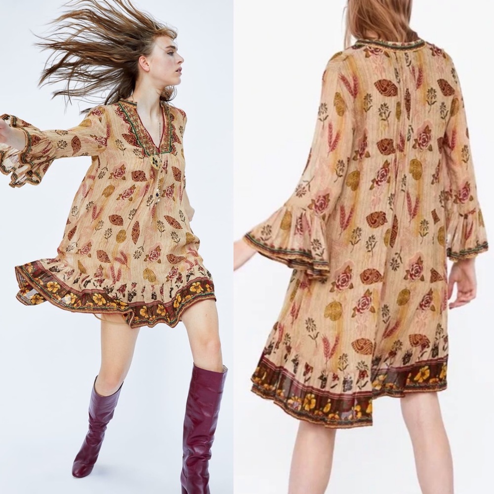 Zara Long Bell Sleeve Spring Ares Dress Embroidery Boho Brown Size S New
